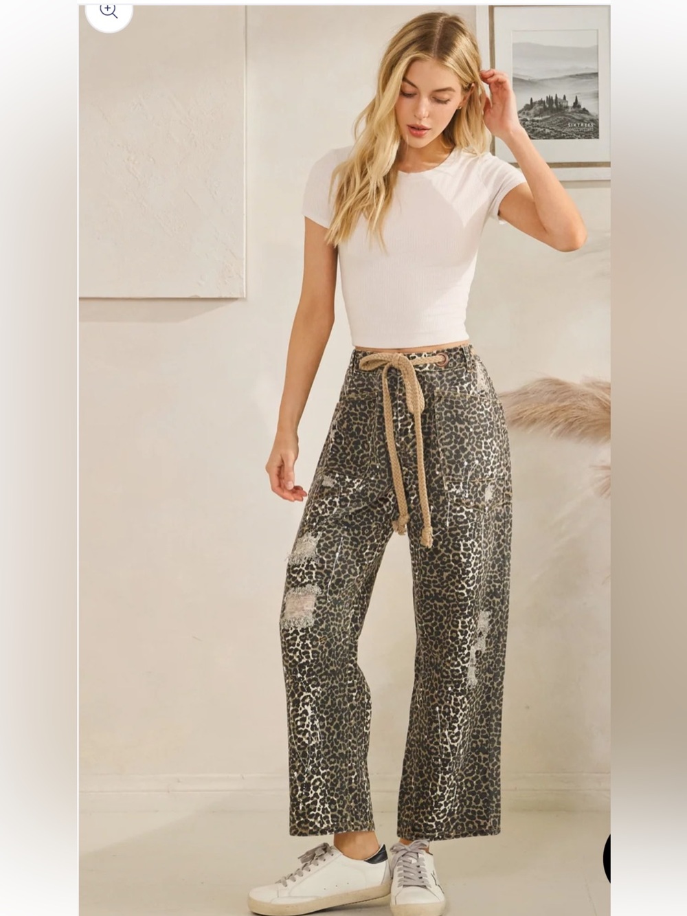 252. NWT Olí & Hali Mocha Leopard Print Cropped Wide Leg Denim Jeans w/Rope Belt
